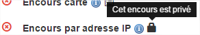 survol de l'icône cadena. Le message est "cet encours est privé"
