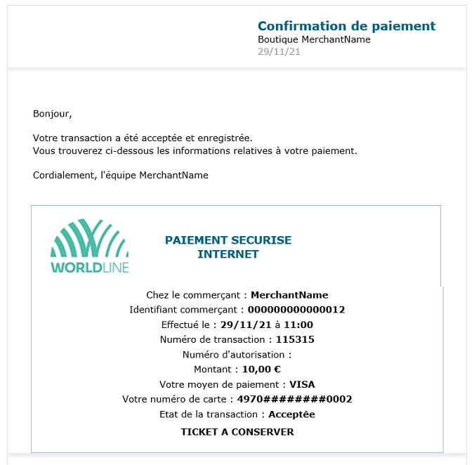 image montrant le message e-mail pour un paiement accepté