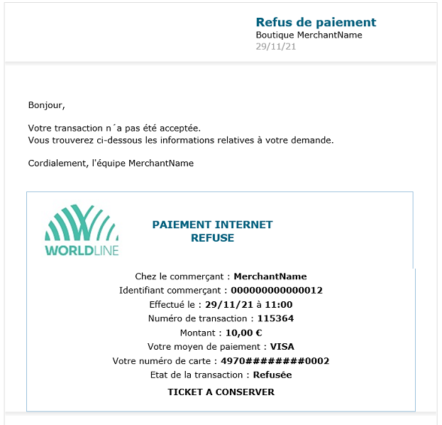 image montrant le message e-mail pour un paiement refusé