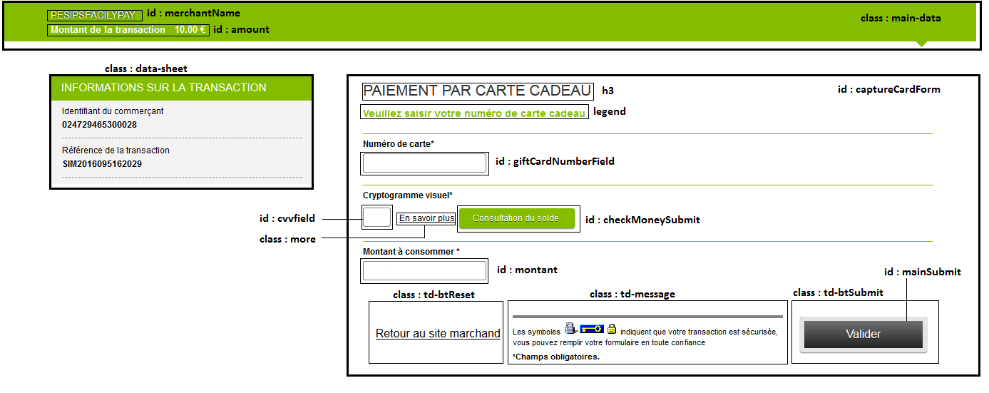 Capture d'écran de la page de paiement avec une carte Oney cadeau