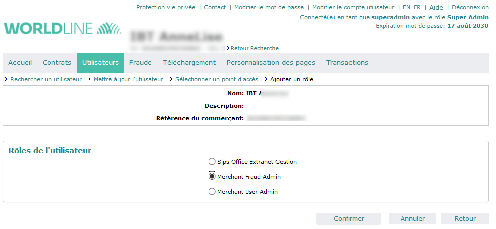 choix parmis: lerchant admin, merchant fraud admin, pages custom, merchant user admin and sips dowload