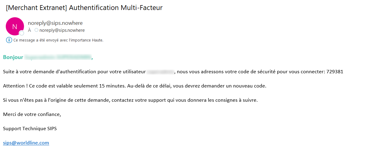 mail donnant le code valable pendant 15 minutes
