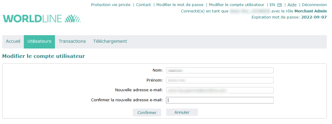 nom, prénom, nouvelle adresse email et confirmer la nouvelle adresse email