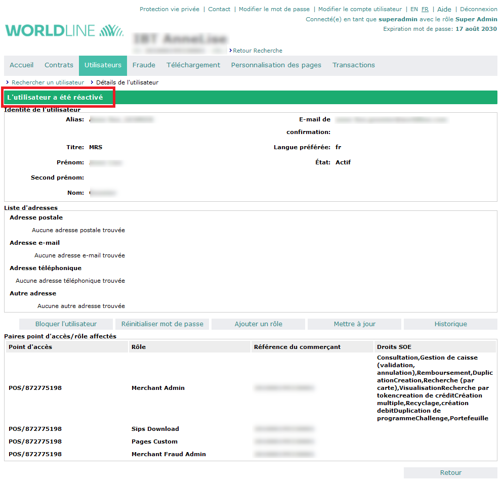 L'utilisateur a été réactivé