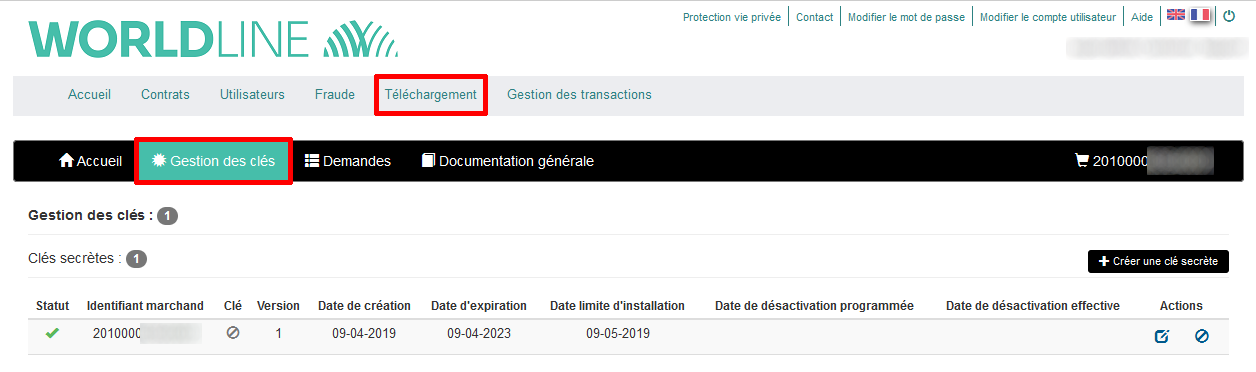 image montrant la page de gestion des clés