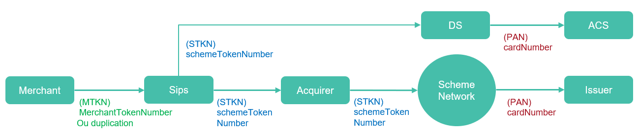 le commerçant peut donner en entrée à Sips un PAN ou un merchant token. Sips se charge de le transformer en scheme token pour processer la transaction