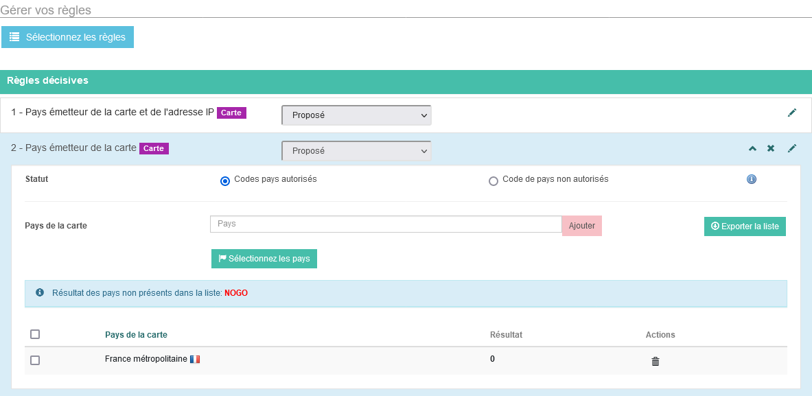 Capture de la page d'administration des contrôles sur l'outils de gestion de la fraude.