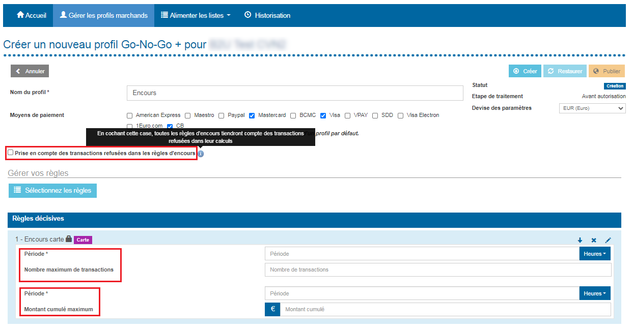 Capture d'écran de la page MEX avec  les nouvelles options