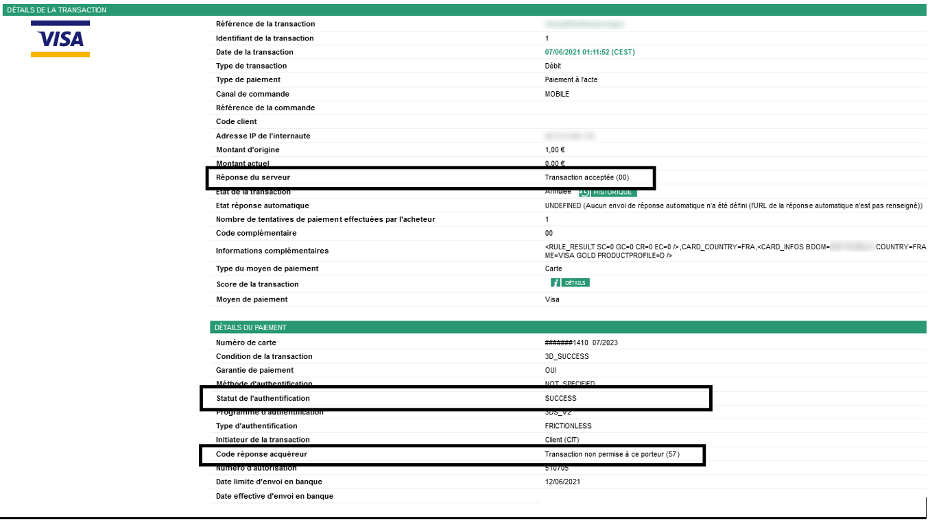 Capture d'écran d'un exemple de transaction avant