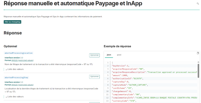 image de la page détaillant les champs de la réponse pour paypage avec un exemple de code